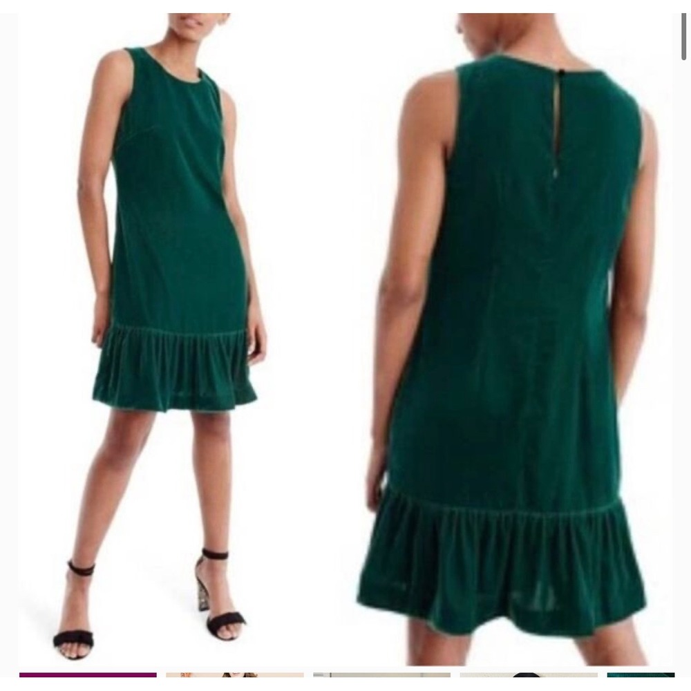 J.Crew Dress Size 2 Emerald Green Velvet Sleeveless Ruffle‎ Hem Cocktail Party